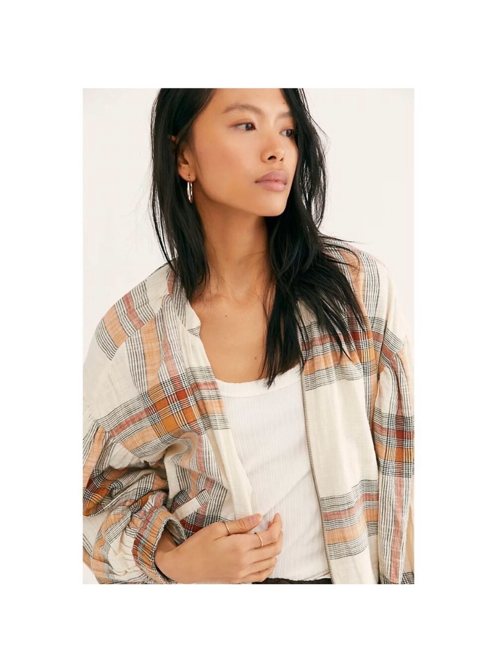 Cream Textured Zip-Front jacket with Gathered Yoke